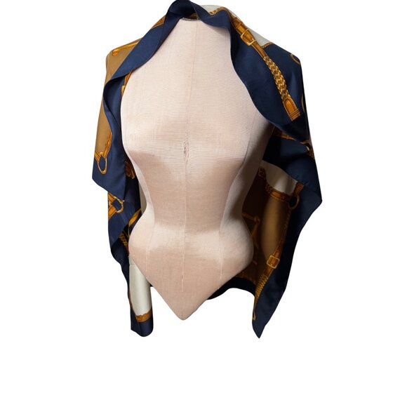 Vtg Equestrian Print Scarf Shawl 33" X 33" Blue & Gold Polyester Square Italy - Picture 3 of 9
